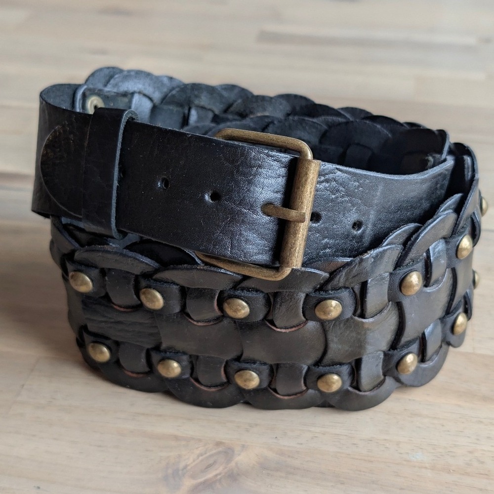 MOTIF 56 Black Leather Studded‎ Wide Waist Belt Boho Woven Women's Large